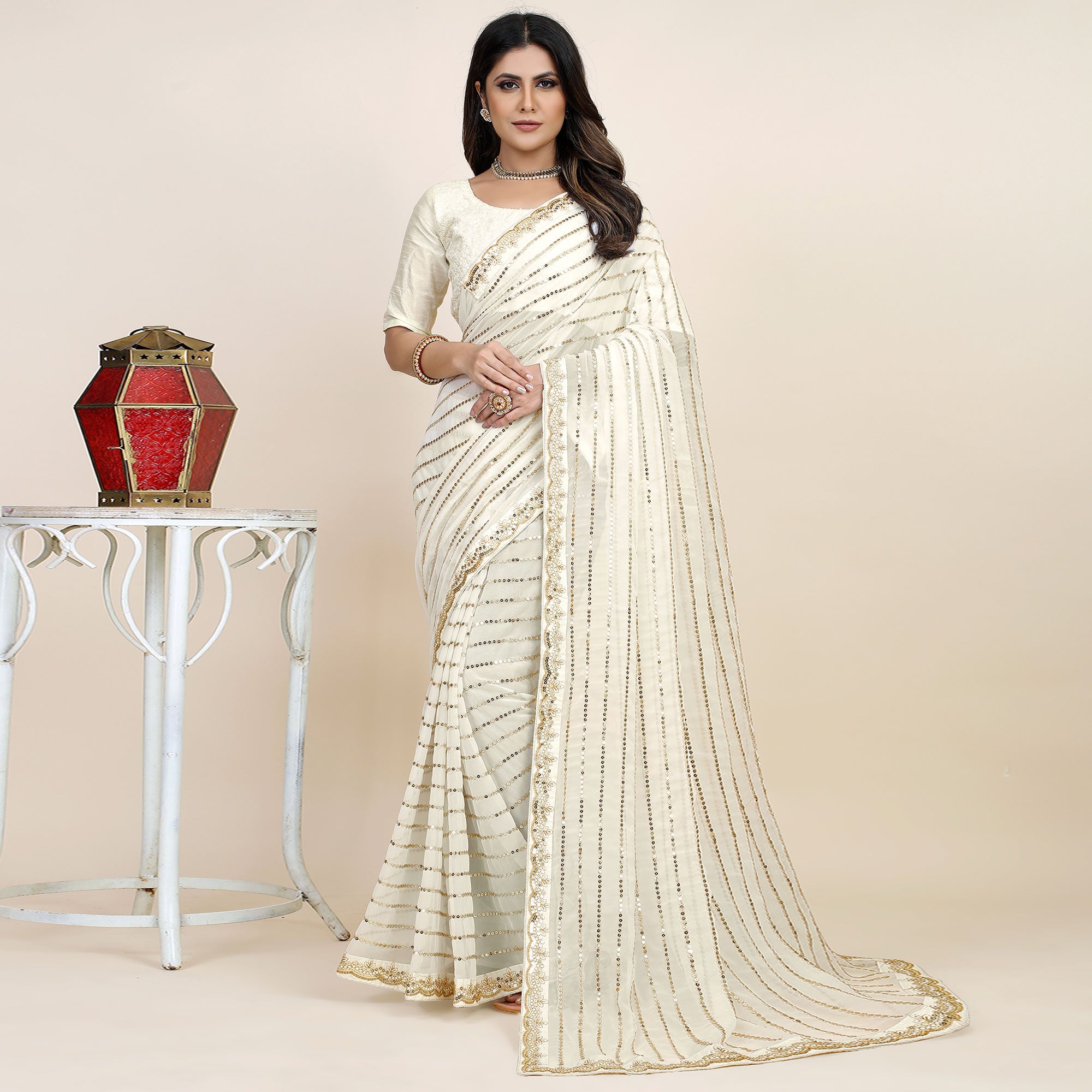 Off White Sequins Embroidered Georgette Saree