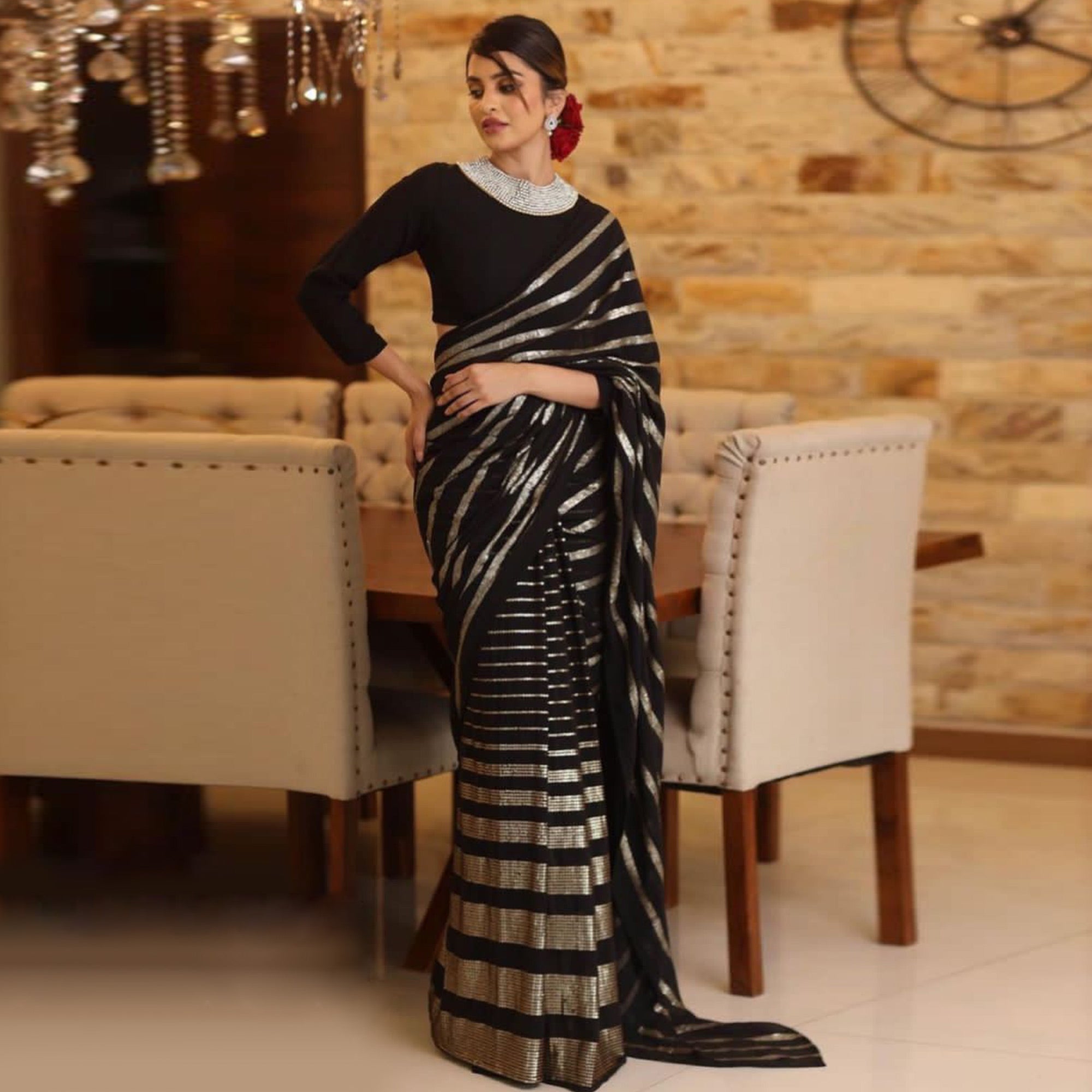 Black Sequins Embroidered Georgette Saree