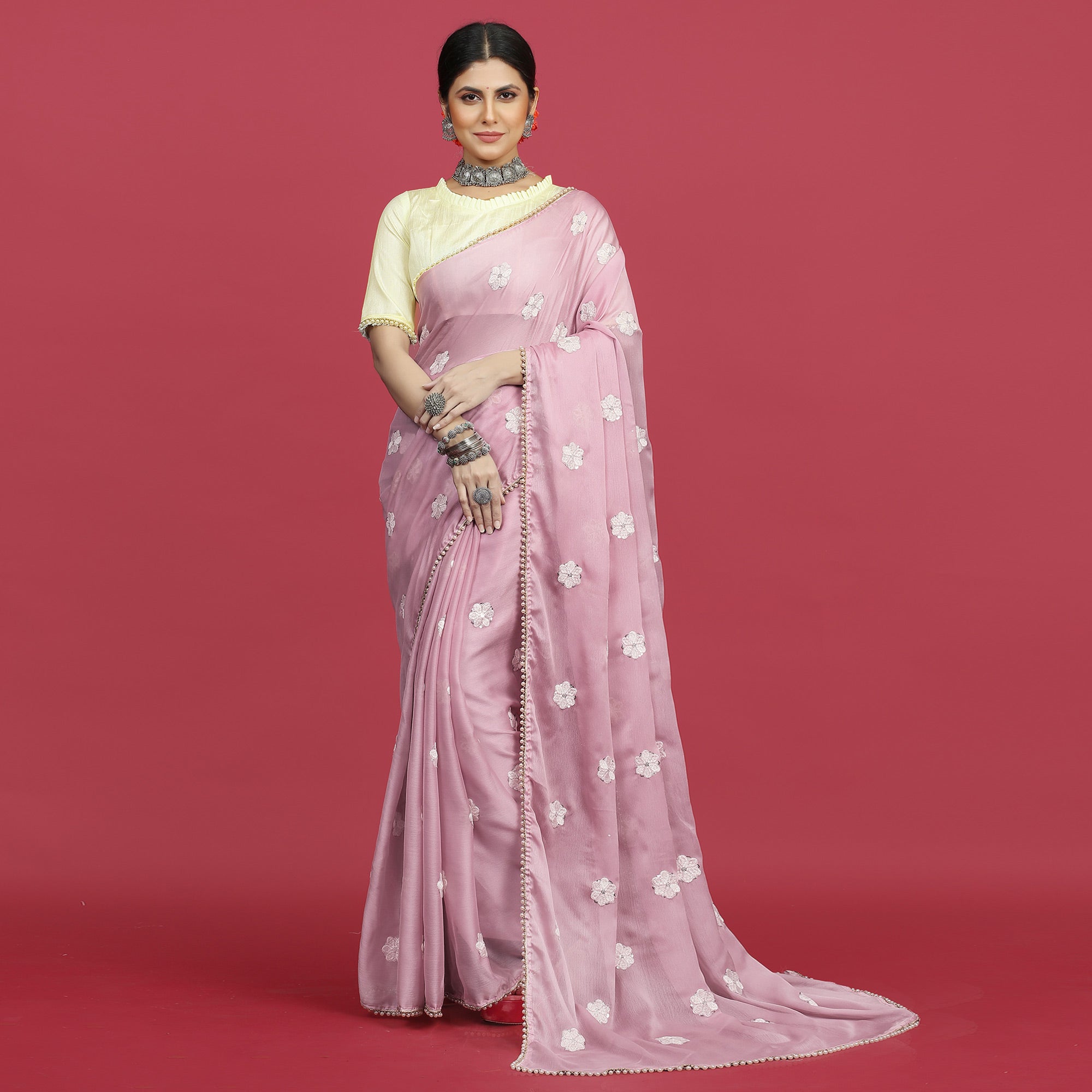 Pink Floral Embroidered Chiffon Saree