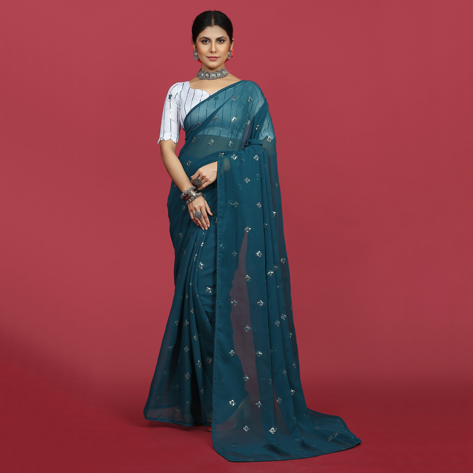 Morpich Sequins Embroidered Georgette Saree