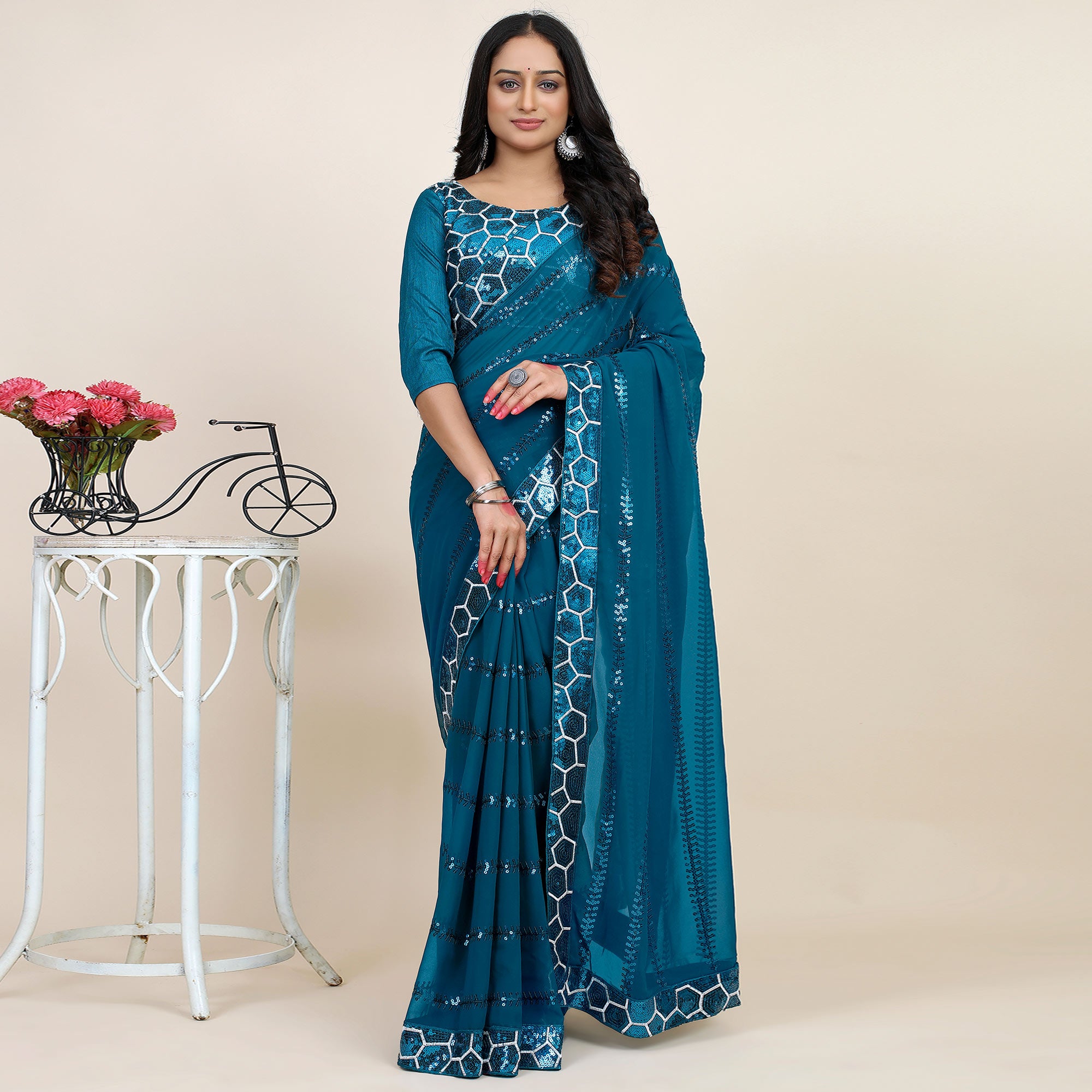 Blue Sequins Embroidered Georgette Saree