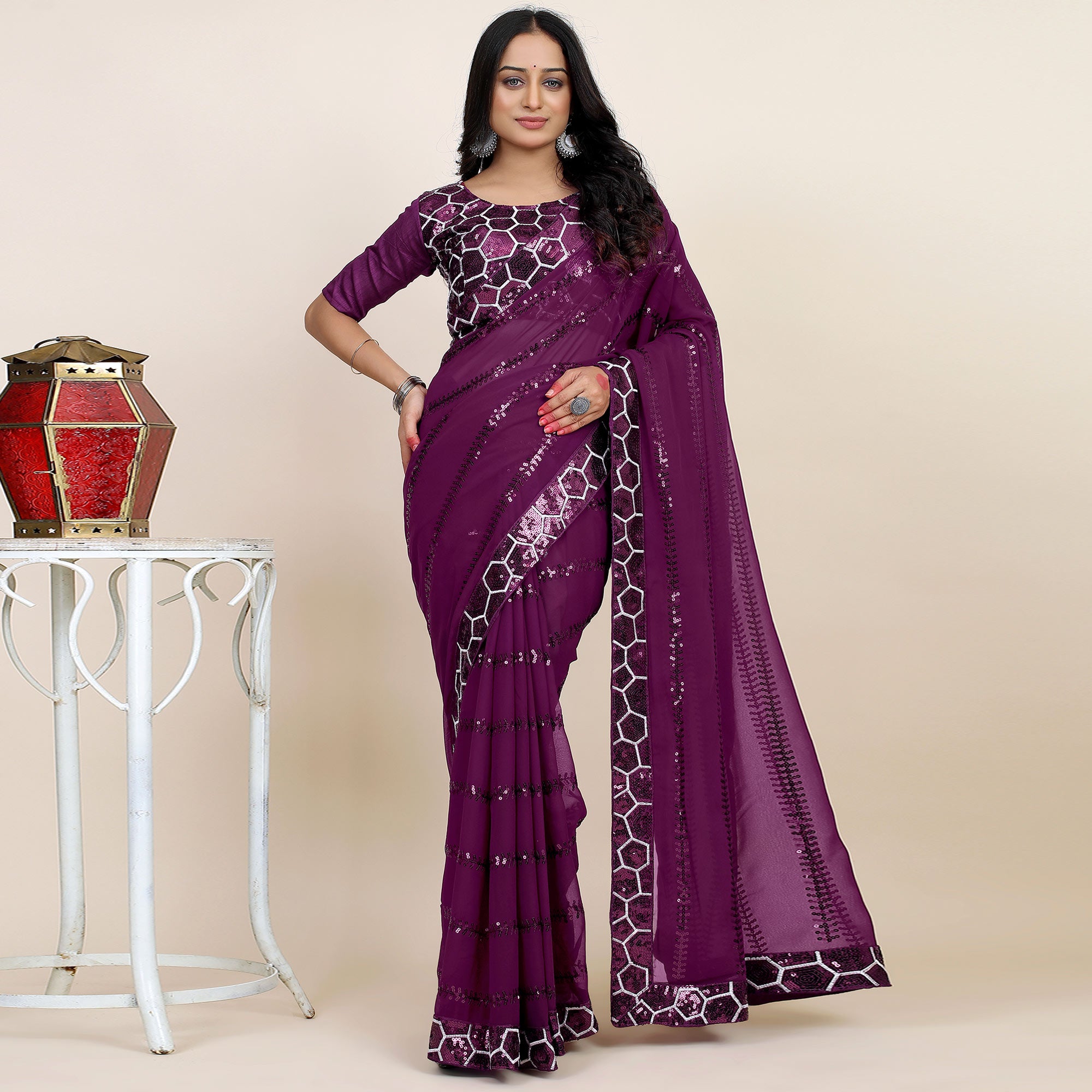 Wine Sequins Embroidered Georgette Saree