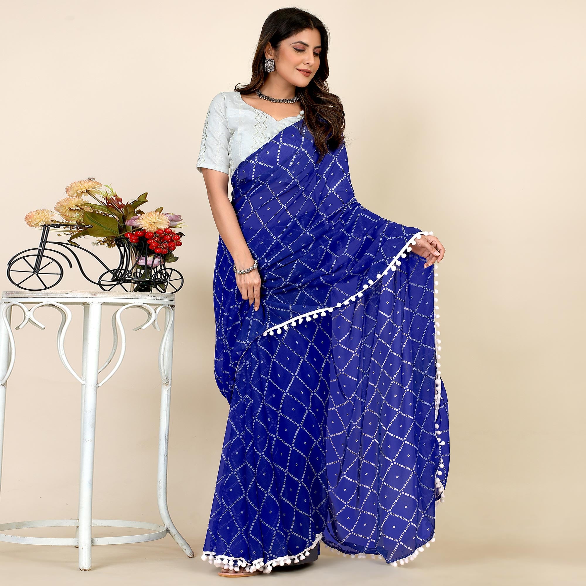Blue Bandhani Printed Georgette Saree