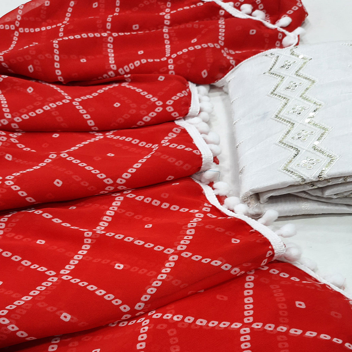 Red Bandhani Printed Georgette Saree