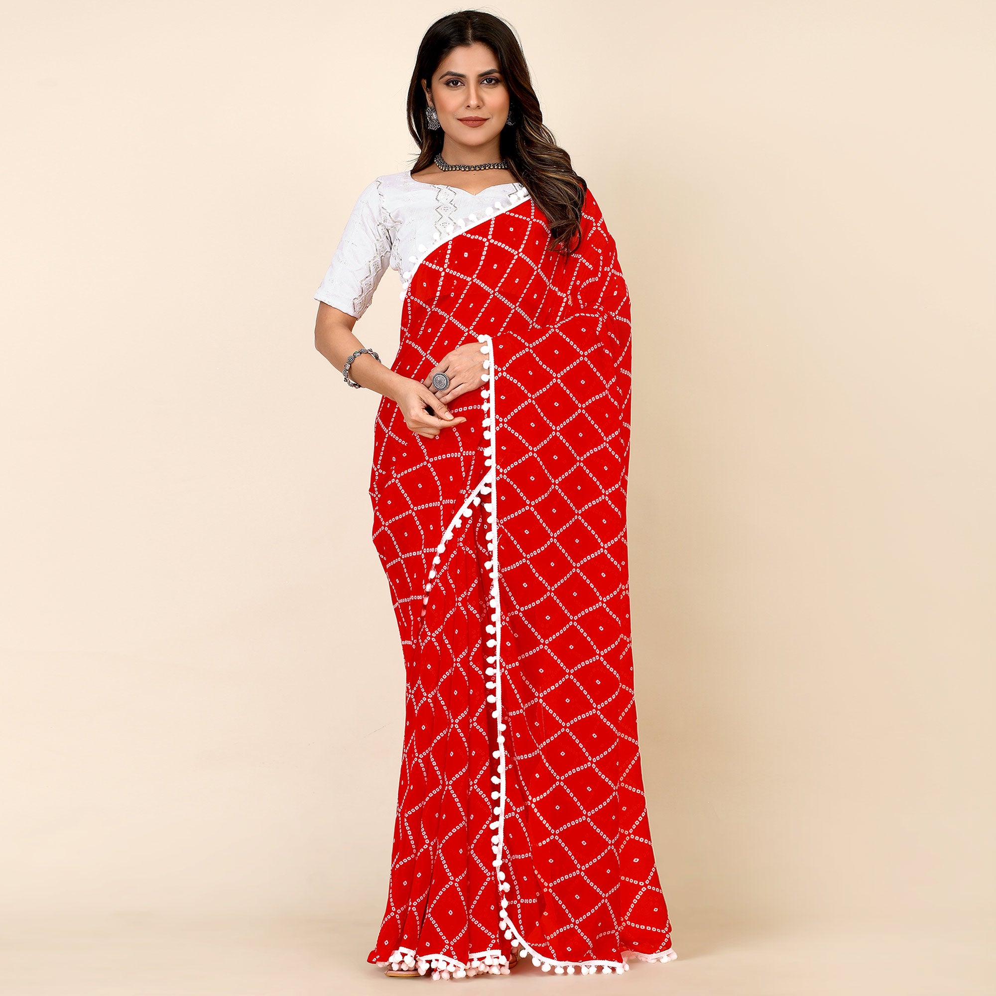 Red Bandhani Printed Georgette Saree