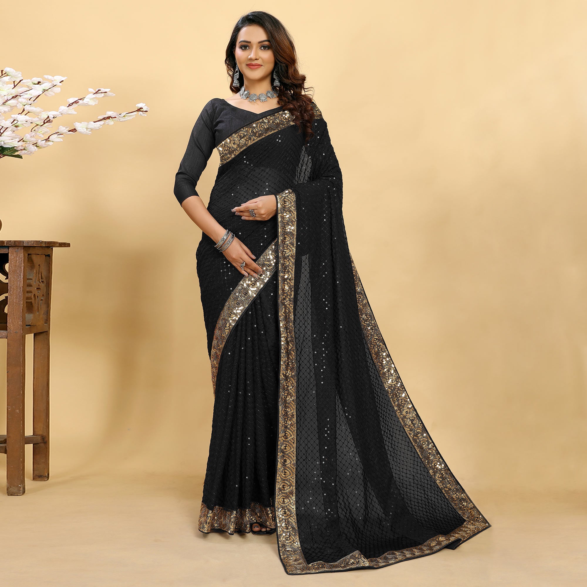 Black Sequins Embroidered Georgette Saree