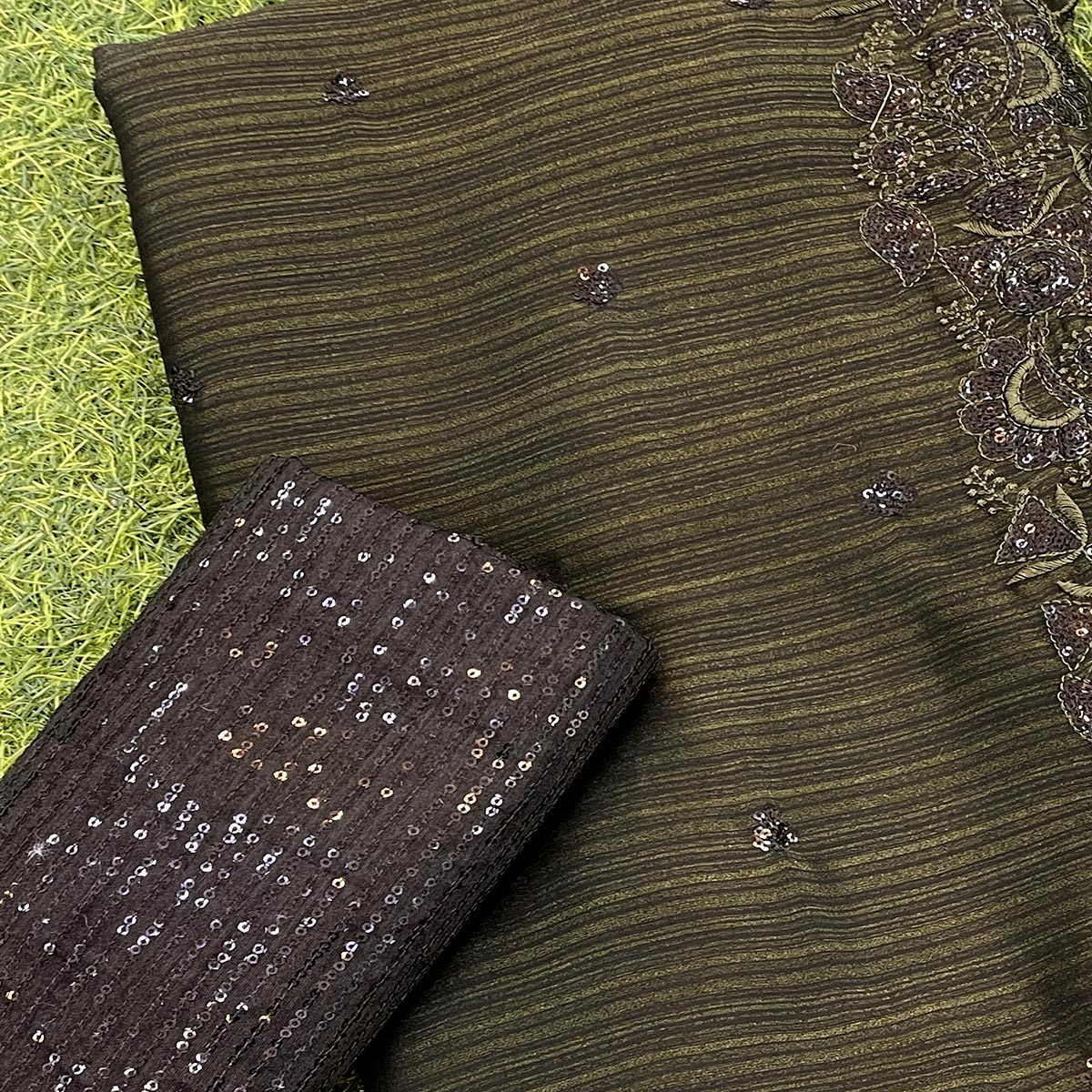 Dark Mehandi Green Sequins Embroidered Chiffon Saree