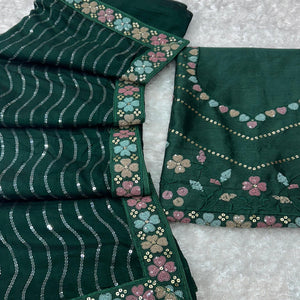 Green Sequins Embroidered Vichitra Silk Saree