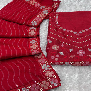 Red Sequins Embroidered Vichitra Silk Saree
