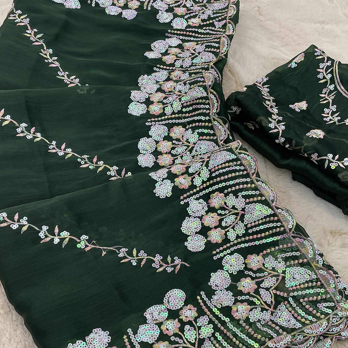 Green Sequins Embroidered Chiffon Saree