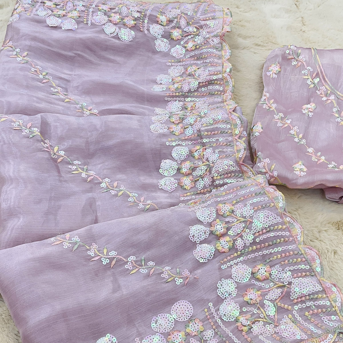 Light Lavender Sequins Embroidered Chiffon Saree