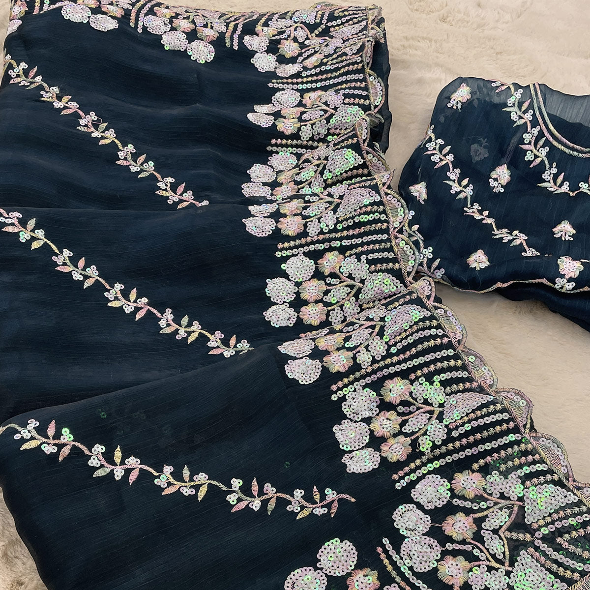 Teal Sequins Embroidered Chiffon Saree