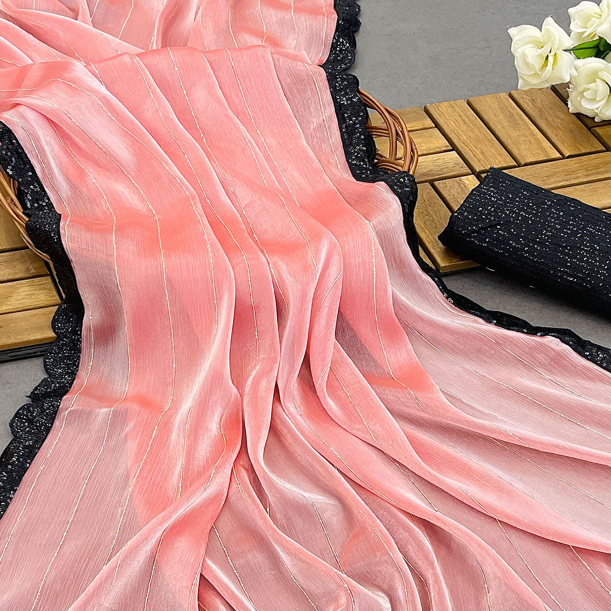 Peach Sequins Embroidered Chiffon Saree