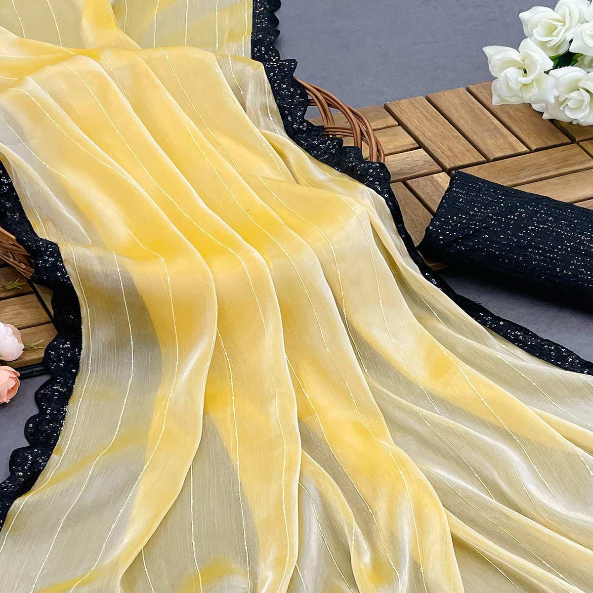 Yellow Sequins Embroidered Chiffon Saree