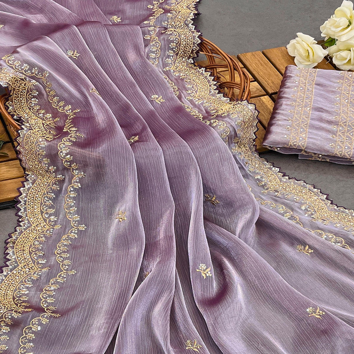 Mauve Sequins Embroidered Chiffon Saree