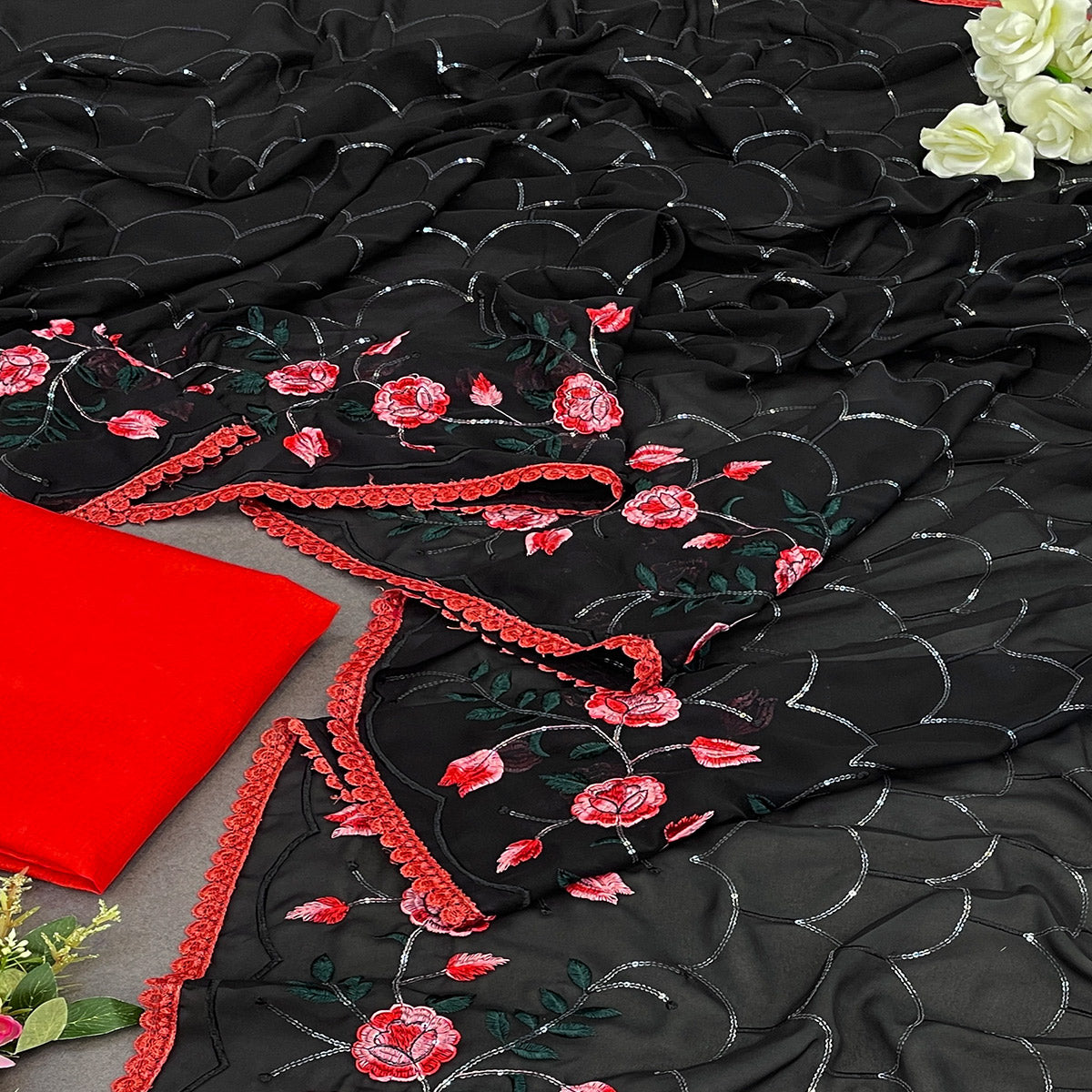 Black Floral Embroidered Georgette Saree