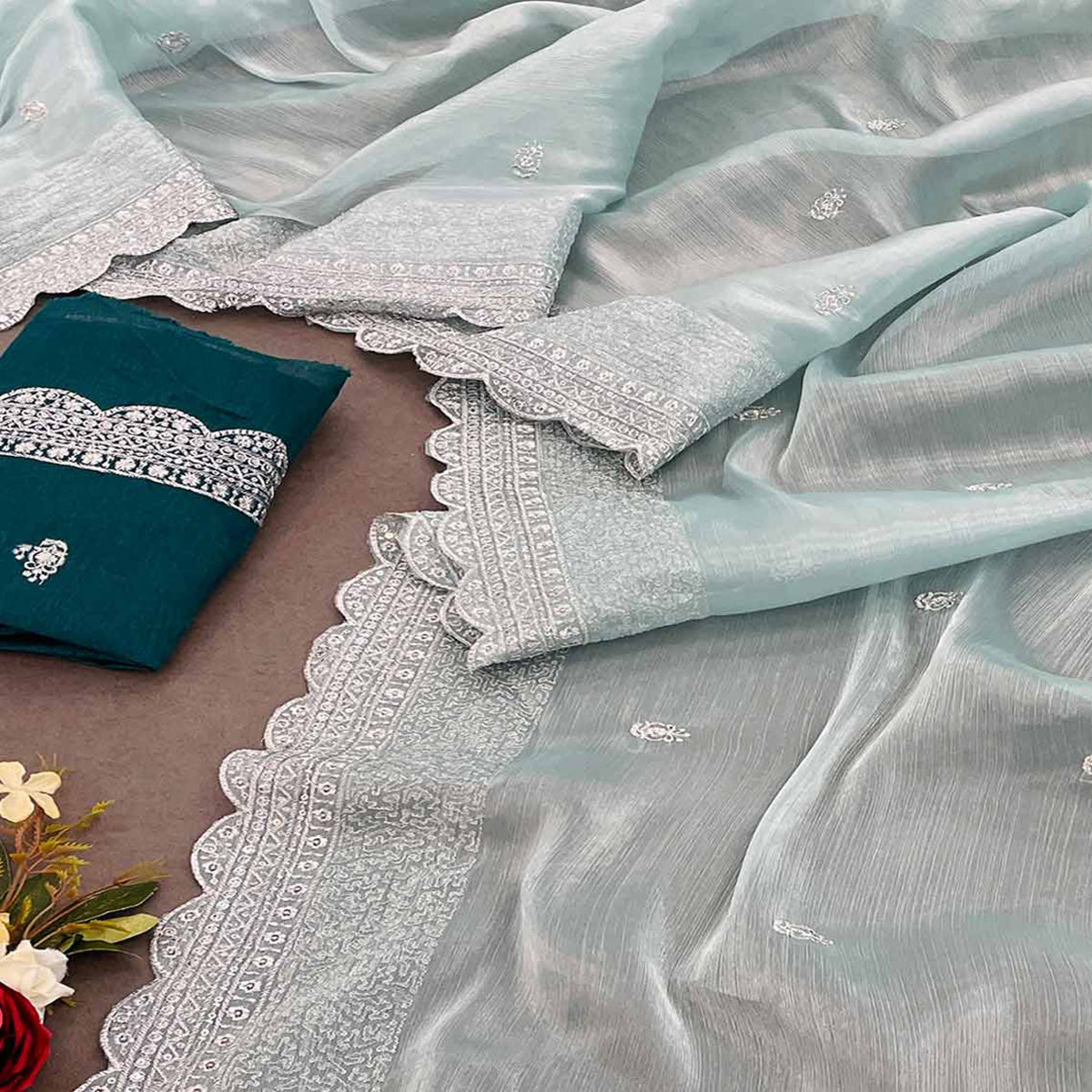 Sea Green Sequins Embroidered Chiffon Saree