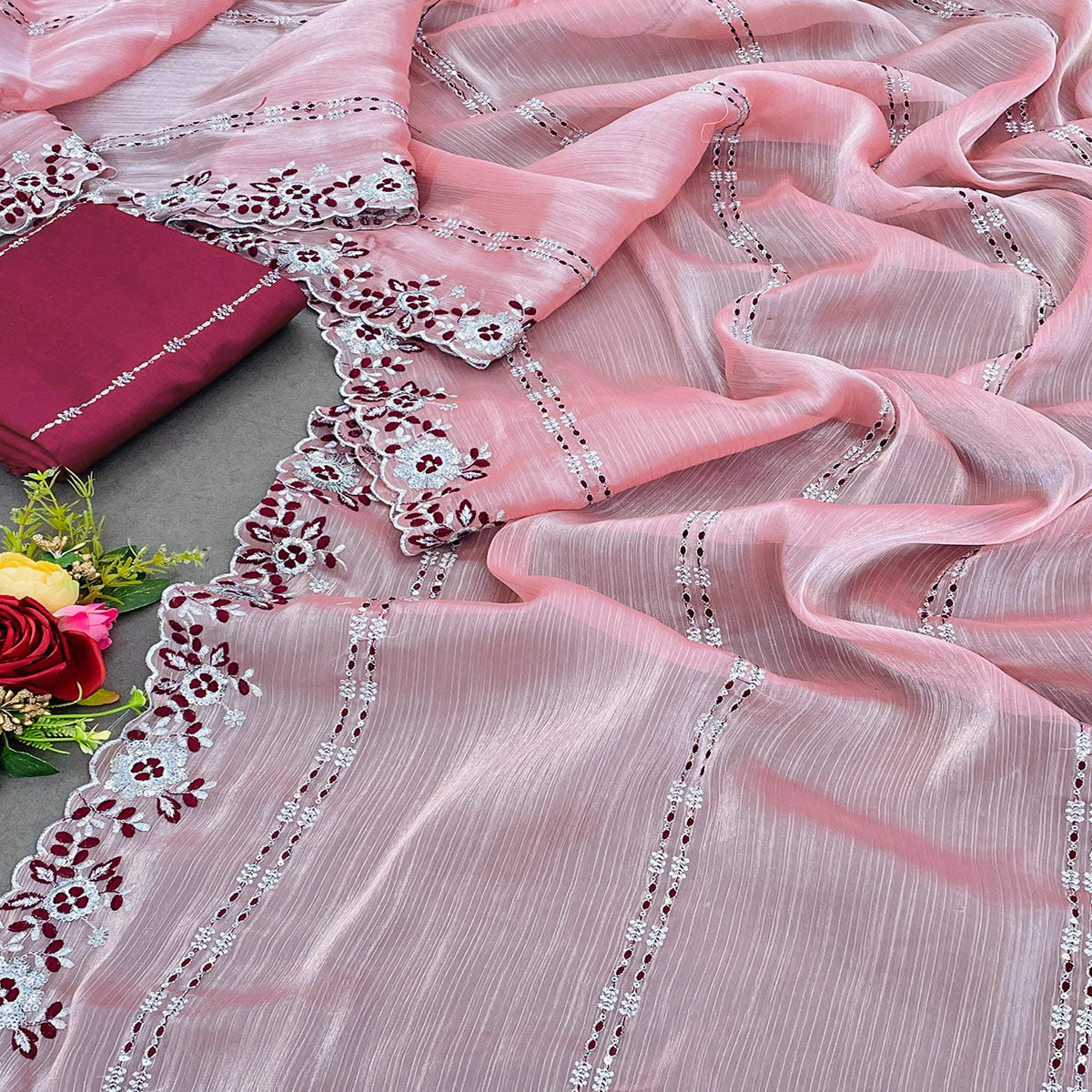 Pink Sequins Embroidered Chiffon Saree
