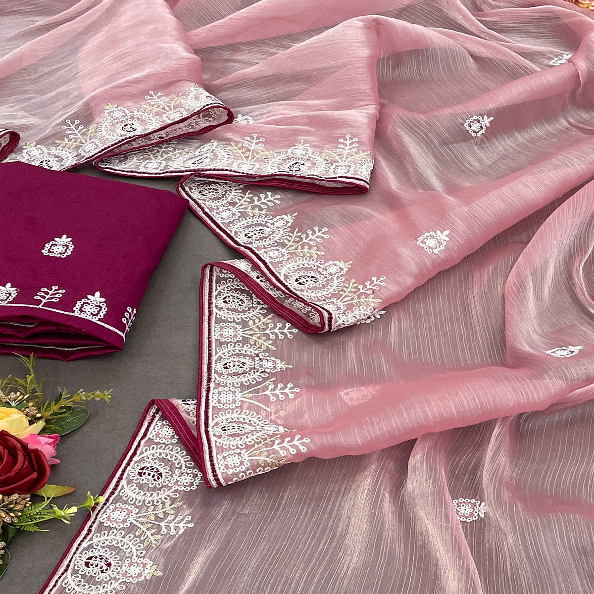 Pink Sequins Embroidered Chiffon Silk Saree