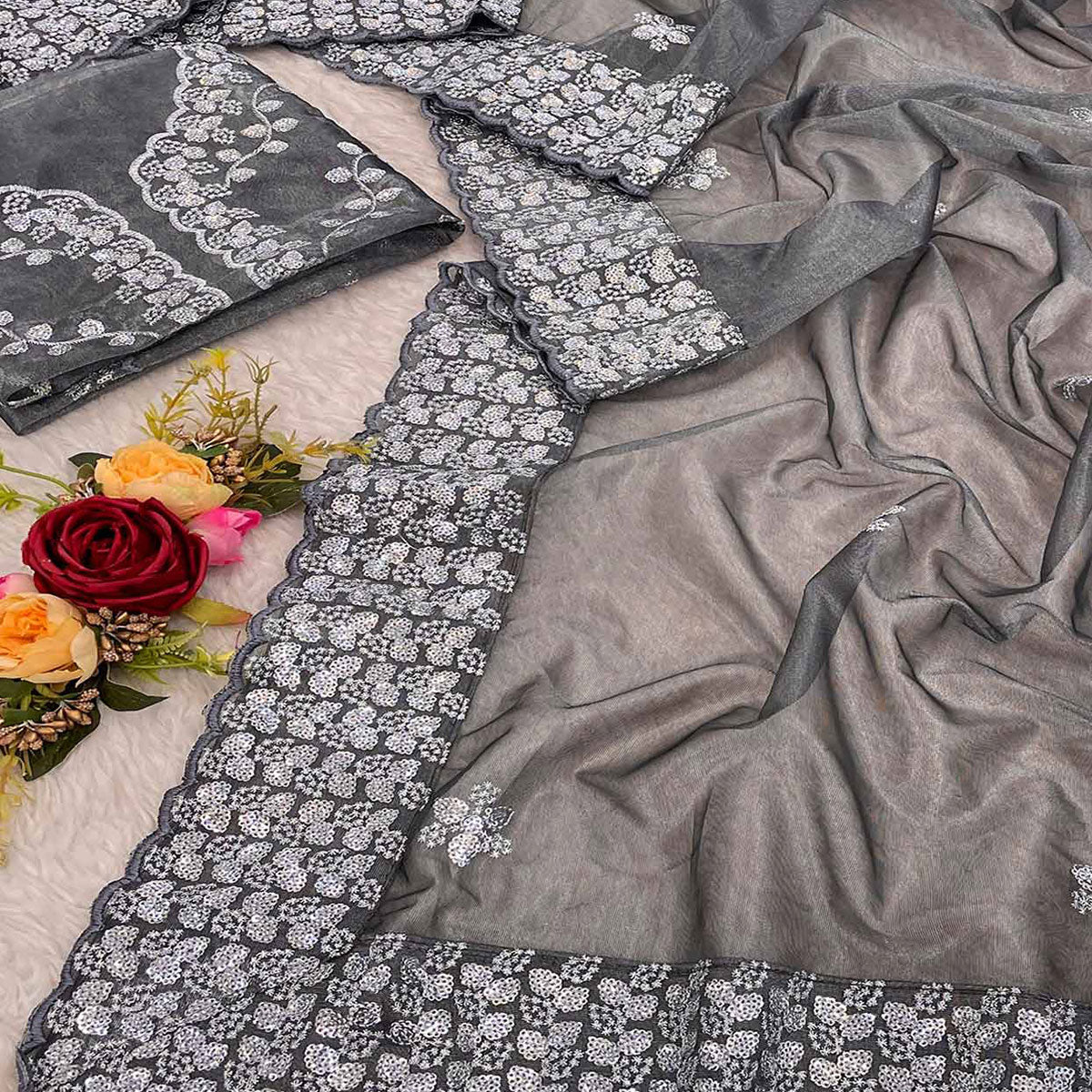 Grey Floral Embroidered Net Saree