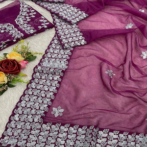 Purple Floral Embroidered Net Saree