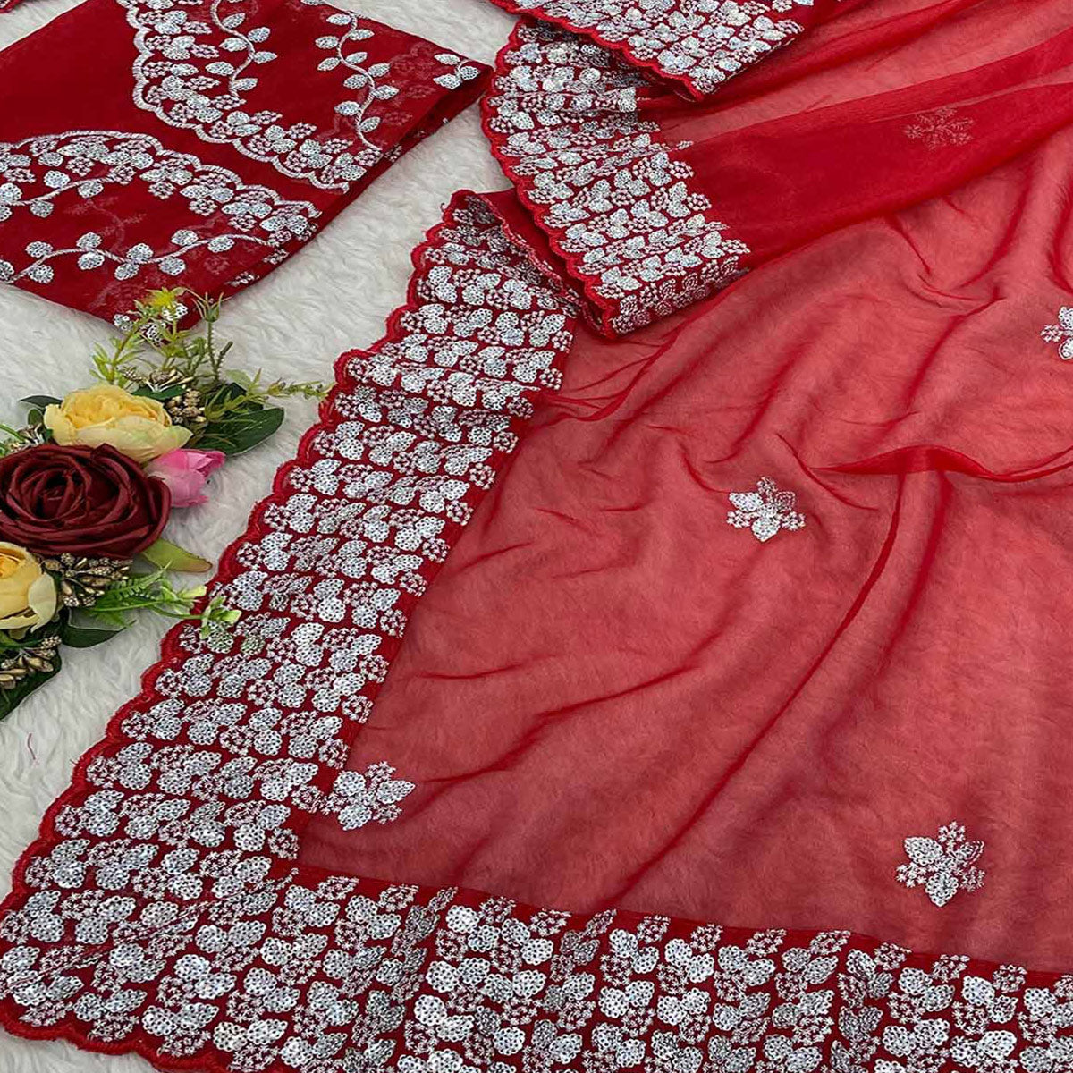 Red Floral Embroidered Net Saree