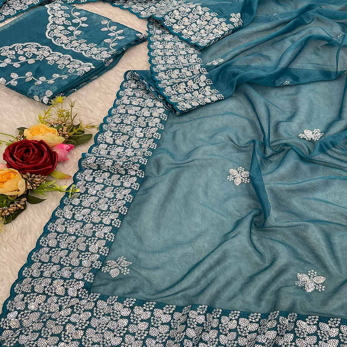 Teal Floral Embroidered Net Saree