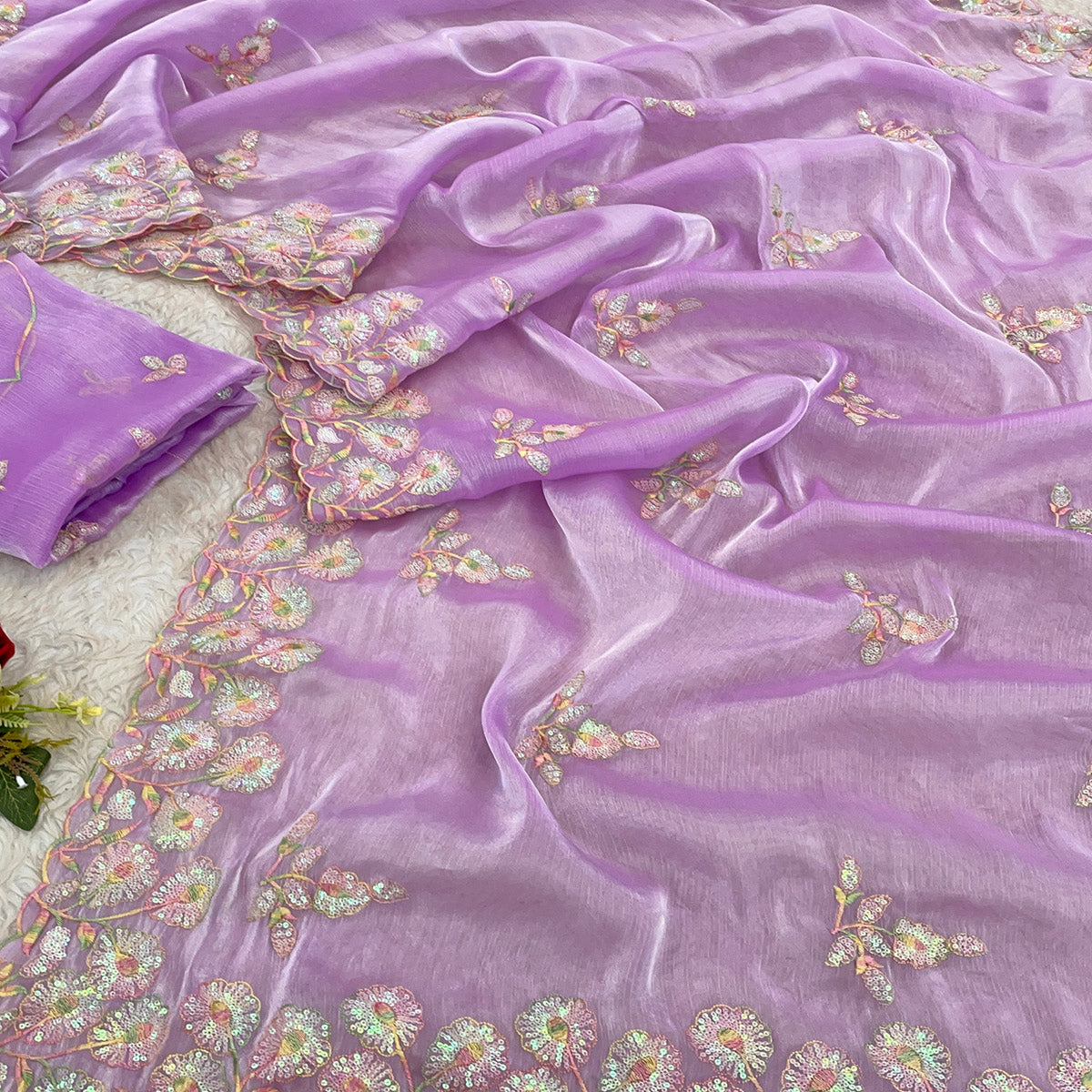 Purple Sequins Embroidered Chiffon Saree