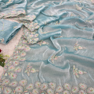 Sky Blue Sequins Embroidered Chiffon Saree