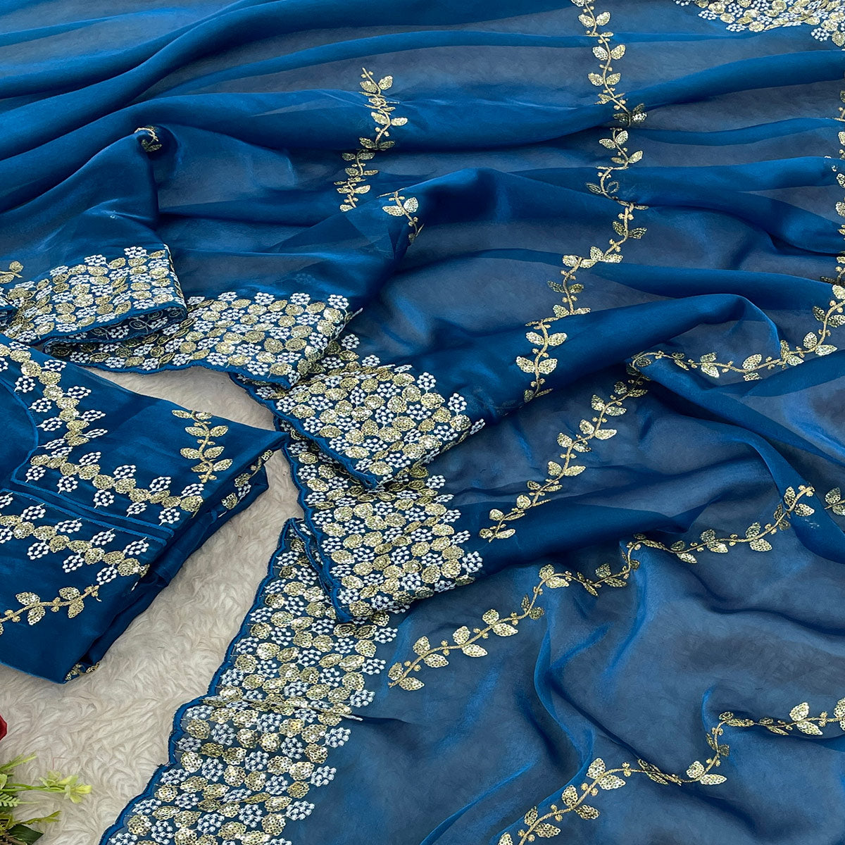 Blue Sequins Embroidered Satin Saree