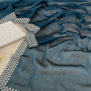 Teal Sequins Embroidered Chiffon Saree