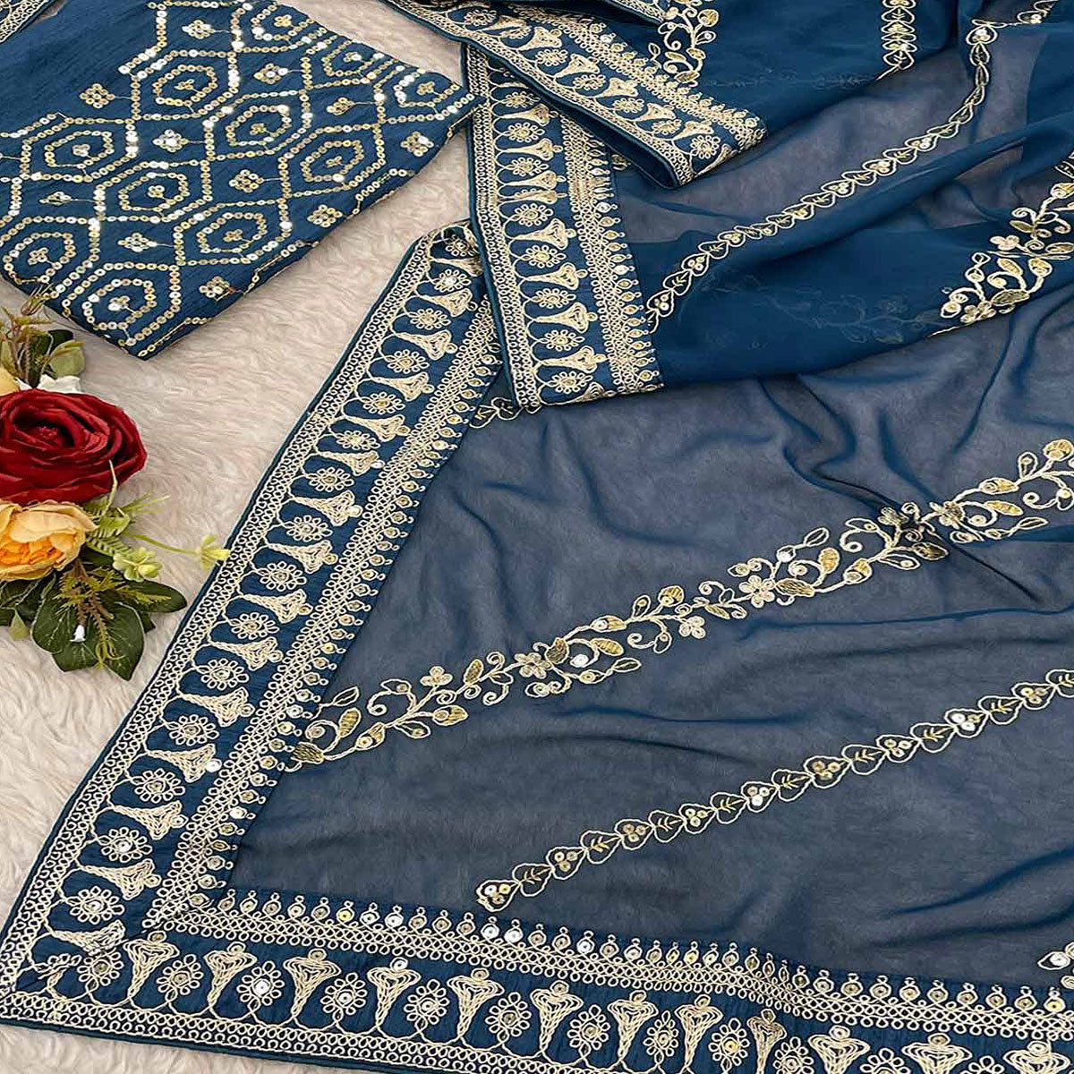 Blue Sequins Embroidered Georgette Saree