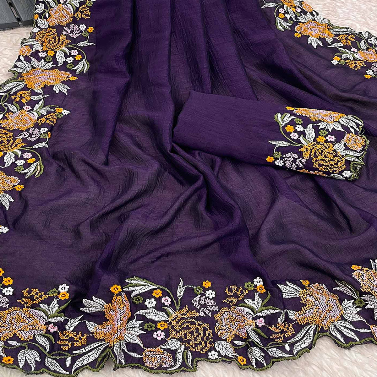 Purple Embroidery Vichitra Silk Saree With Floral Border