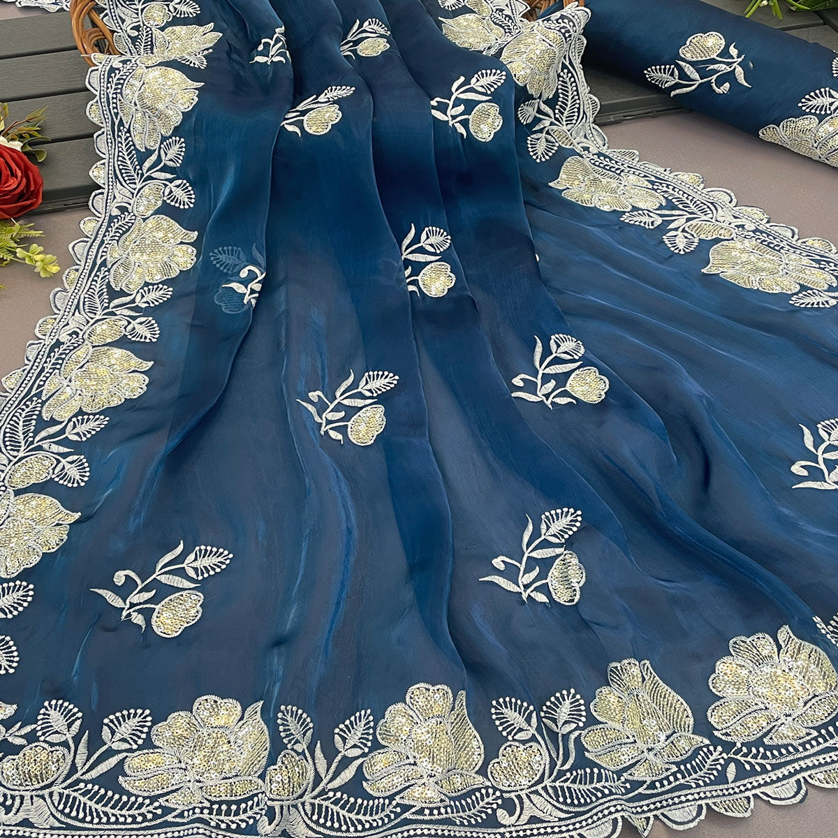 Blue Floral Embroidered Satin Saree