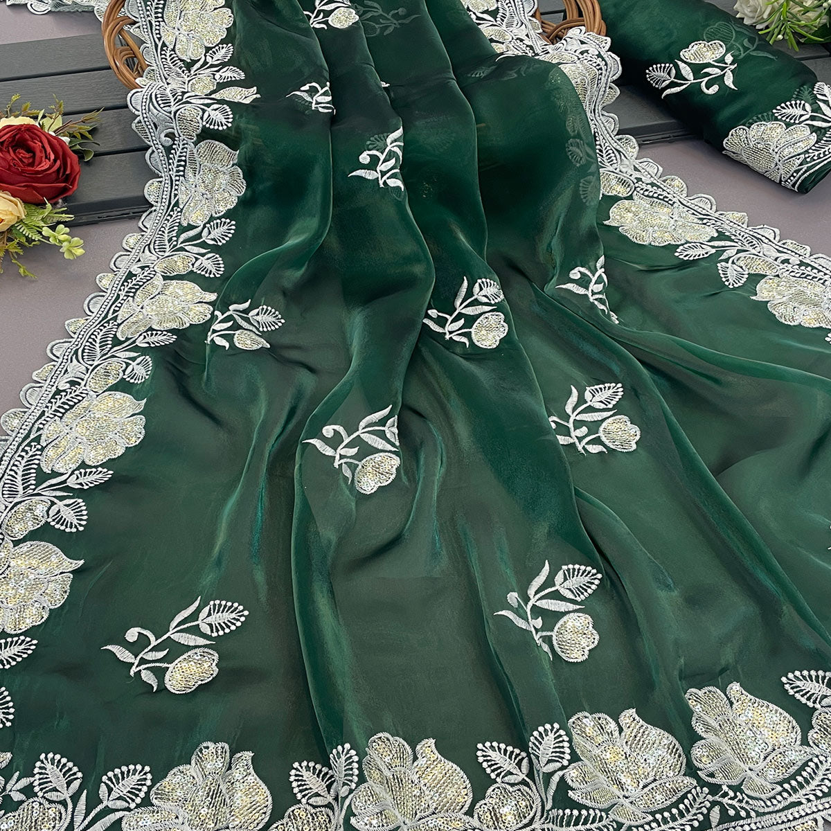 Green Floral Embroidered Satin Saree
