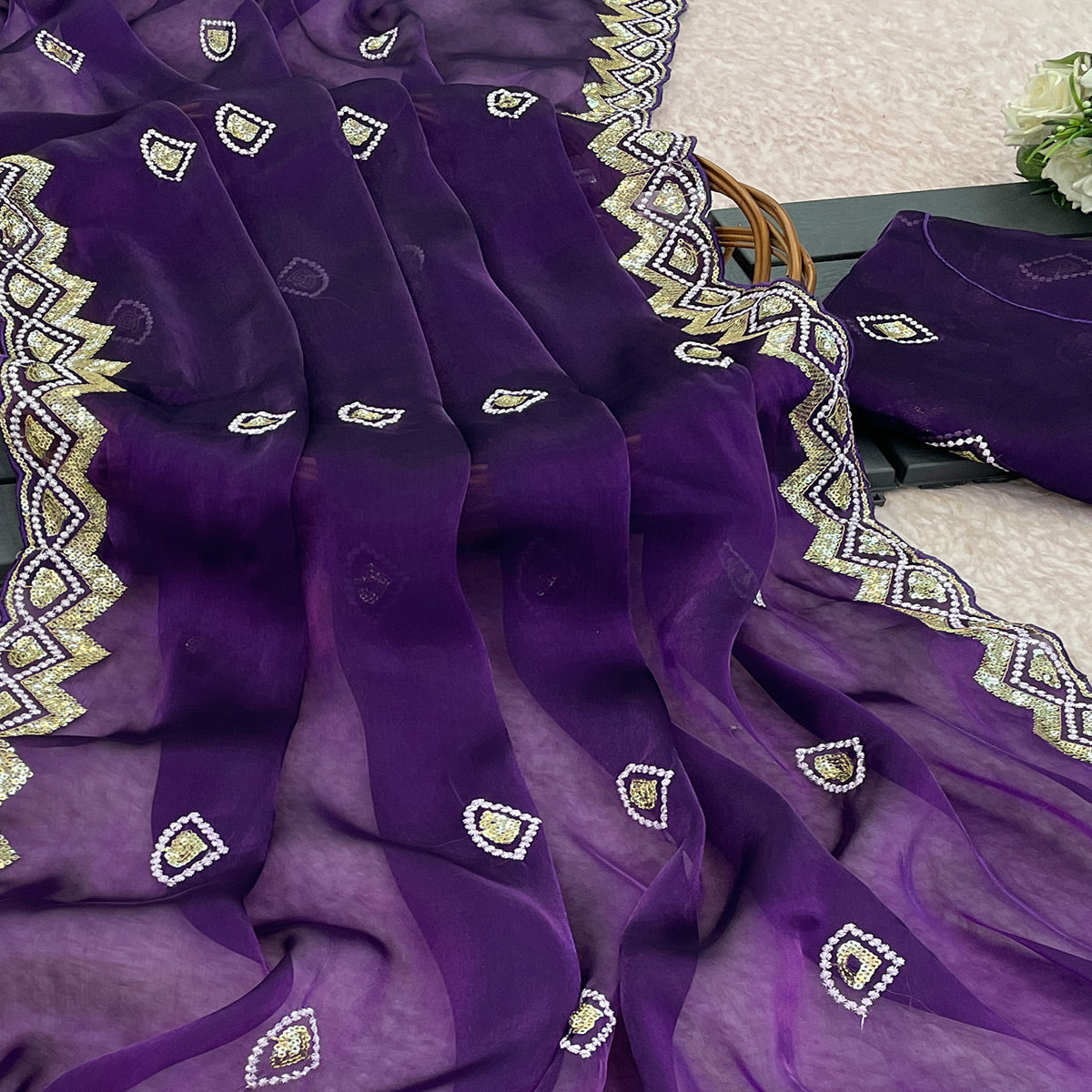 Violet Sequins Embroidered Satin Saree