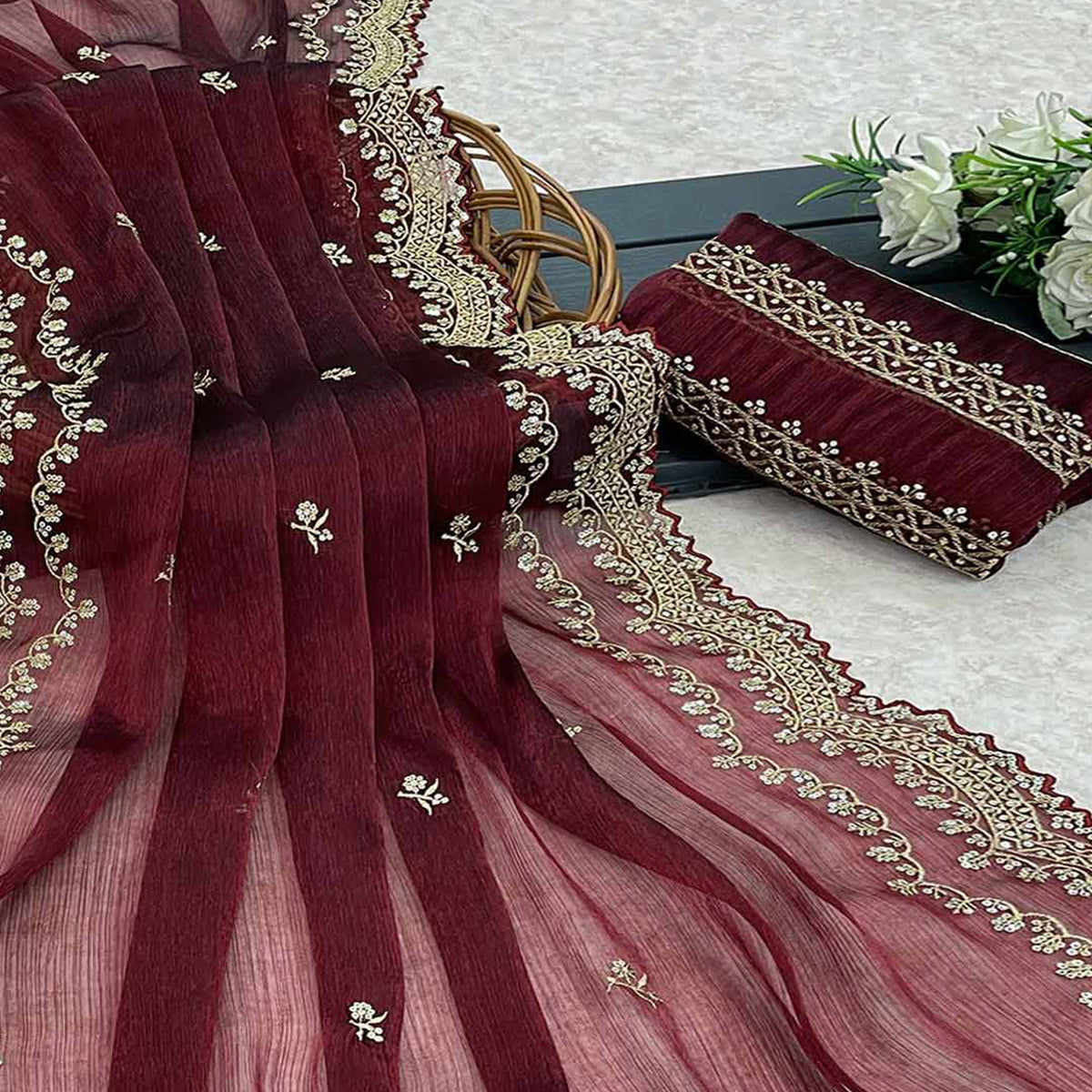 Maroon Embroidered Chiffon Saree