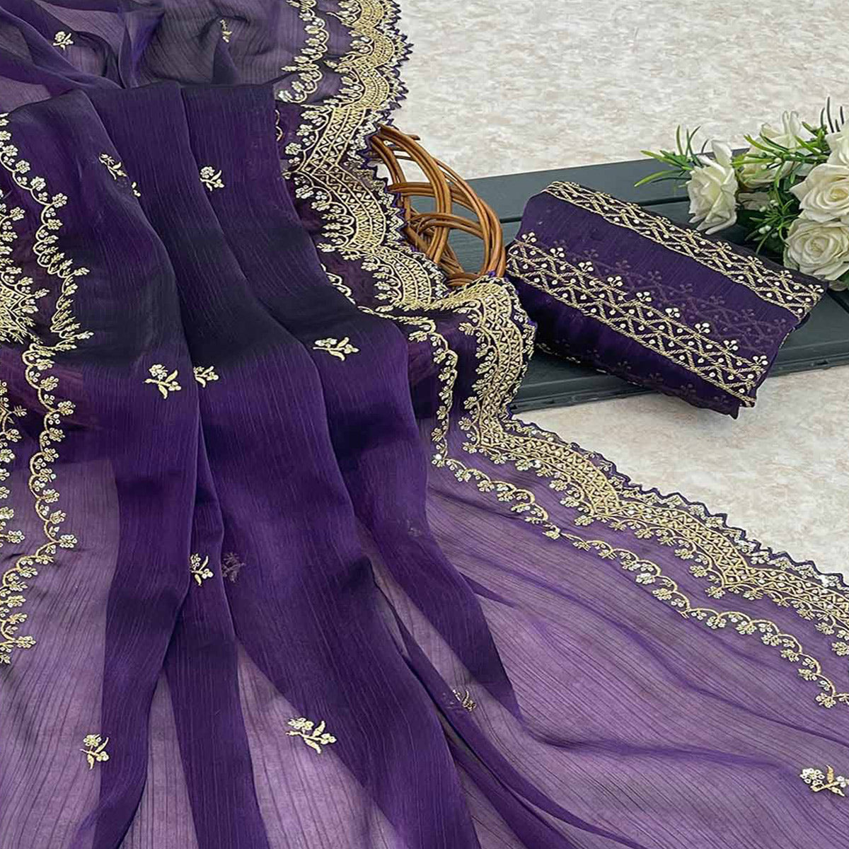 Purple Embroidered Chiffon Saree
