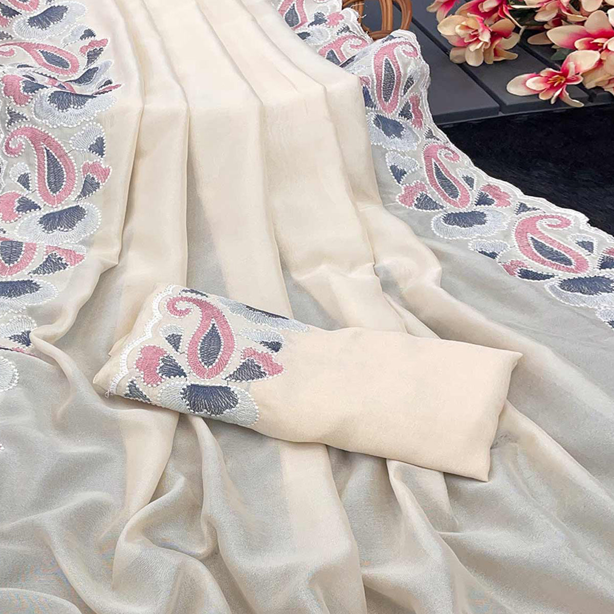 Cream Floral Embroidered Vichitra Silk Saree