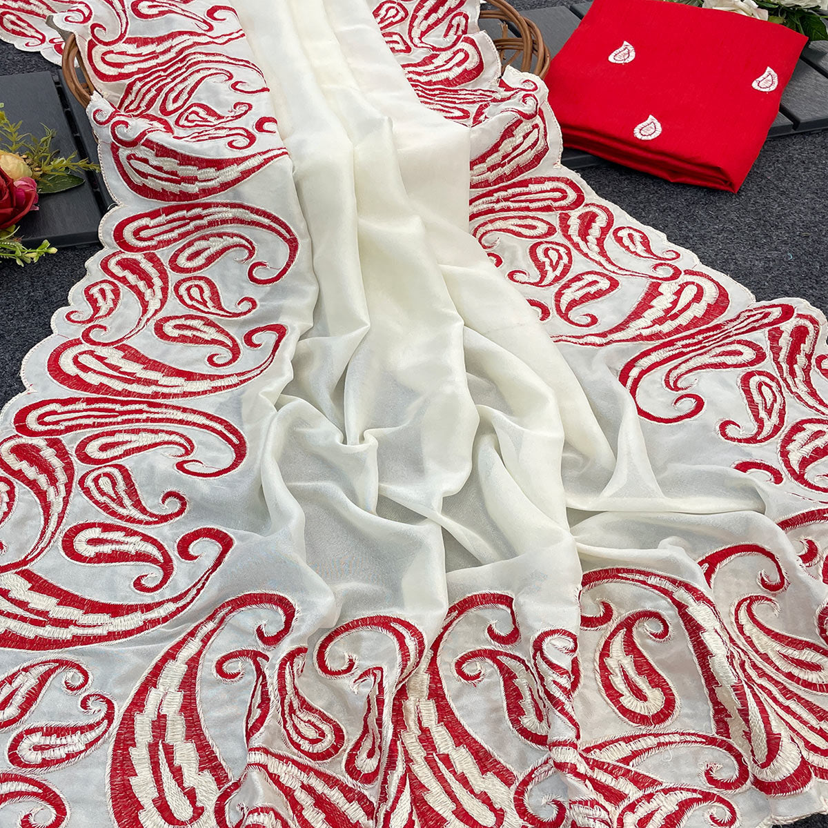 Off White Embroidered Vichitra Silk Saree