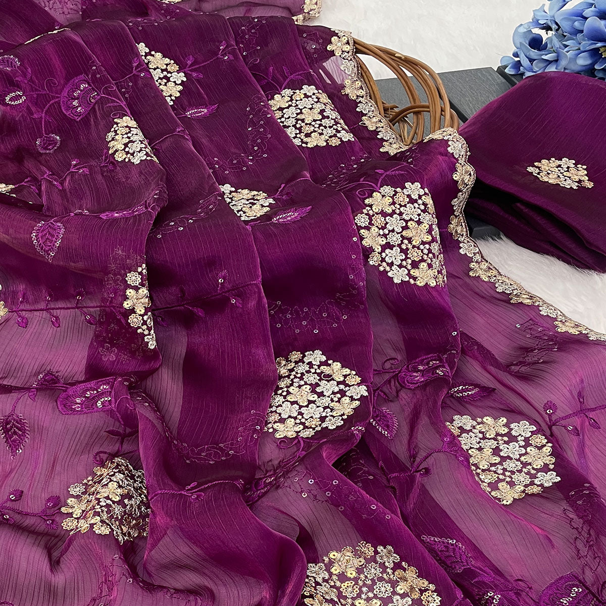 Purple Sequins Embroidered Chiffon Saree