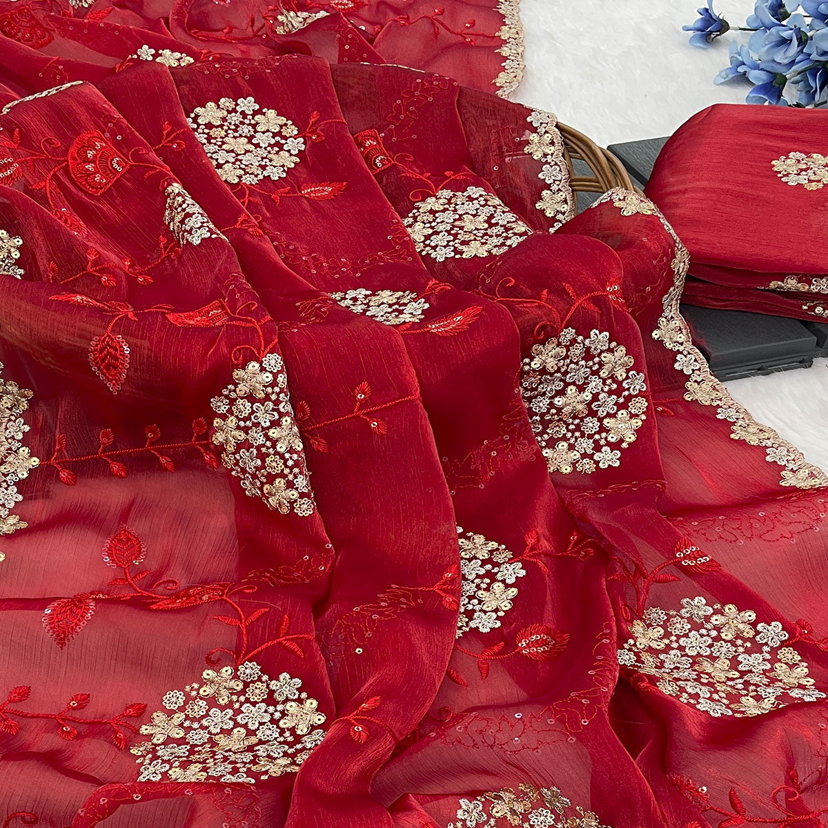 Red Sequins Embroidered Chiffon Saree