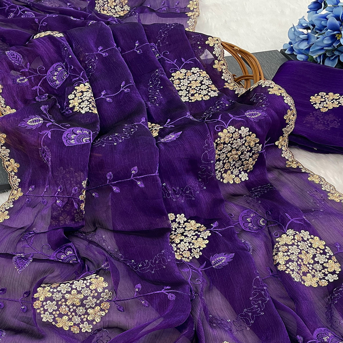 Violet Sequins Embroidered Chiffon Saree