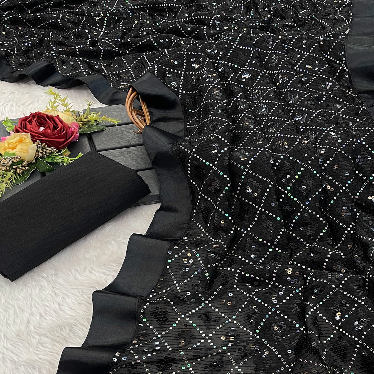 Black Sequins Embellished Georgette Saree