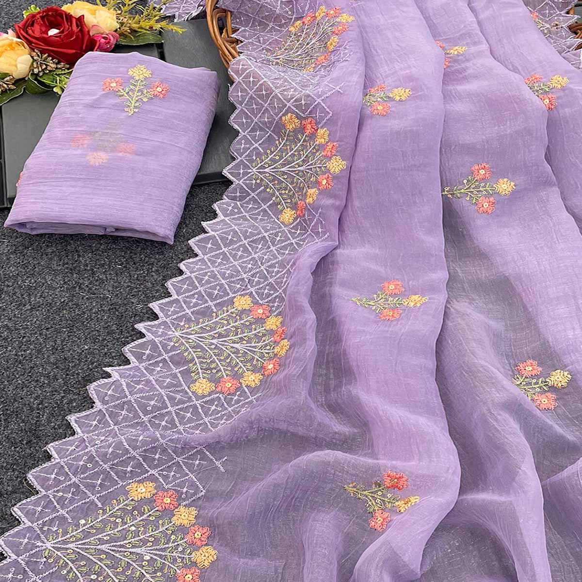 Lavender Floral Sequins Embroidered Art Silk Crush Saree