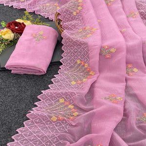Pink Floral Sequins Embroidered Art Silk Crush Saree