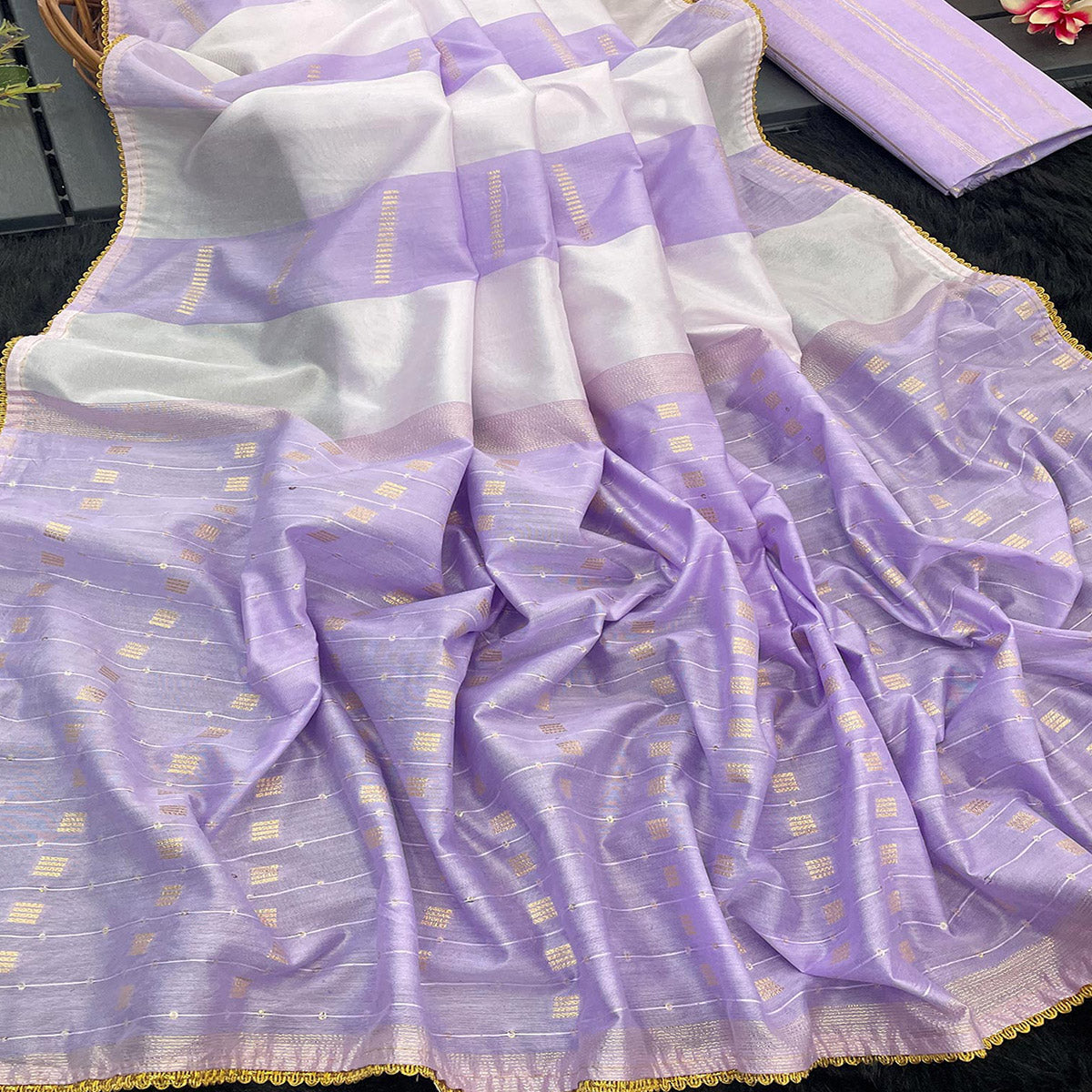 Lavender Zari Woven With Sequins Work Tussar Silk Saree With Lace Border