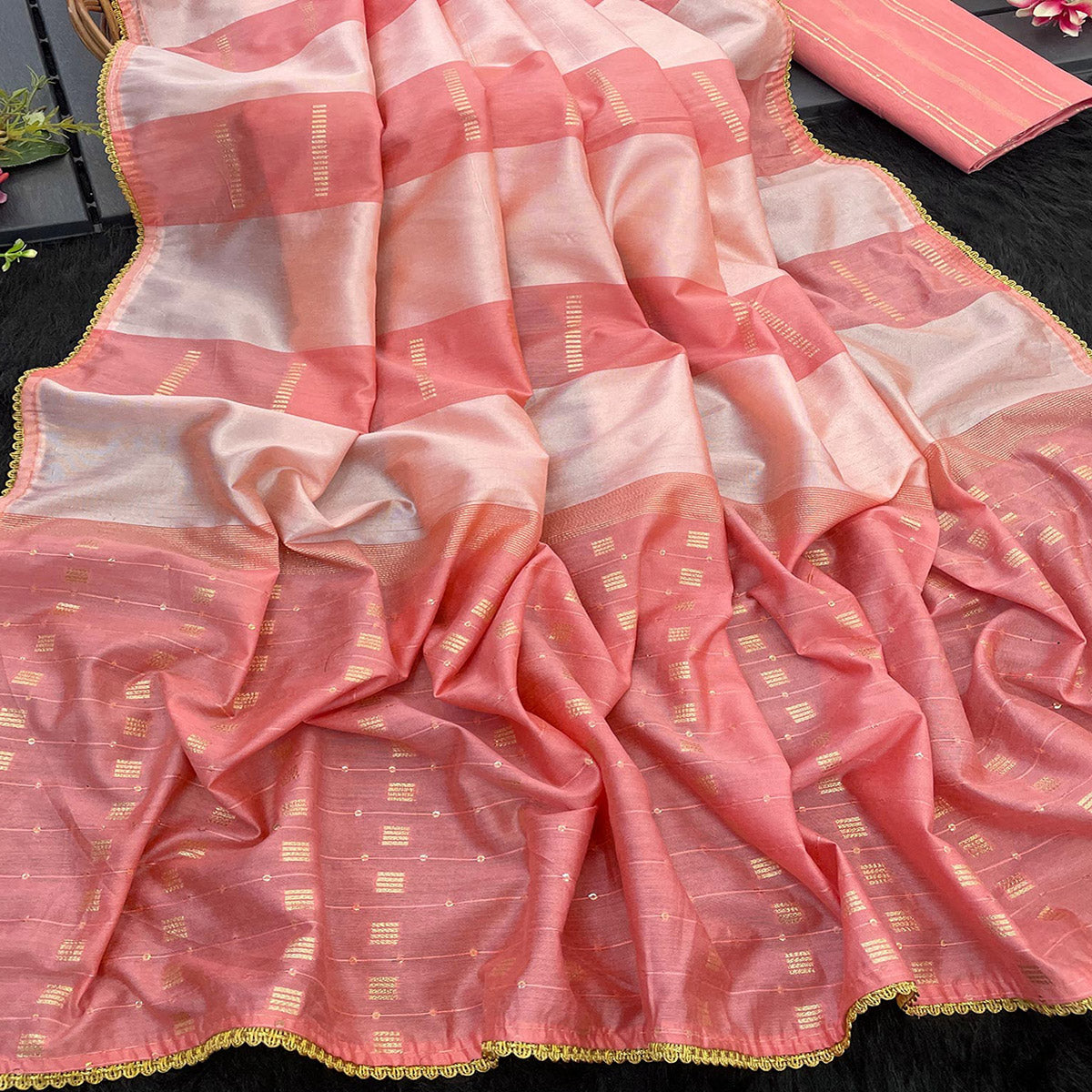 Peach Zari Woven With Sequins Work Tussar Silk Saree With Lace Border