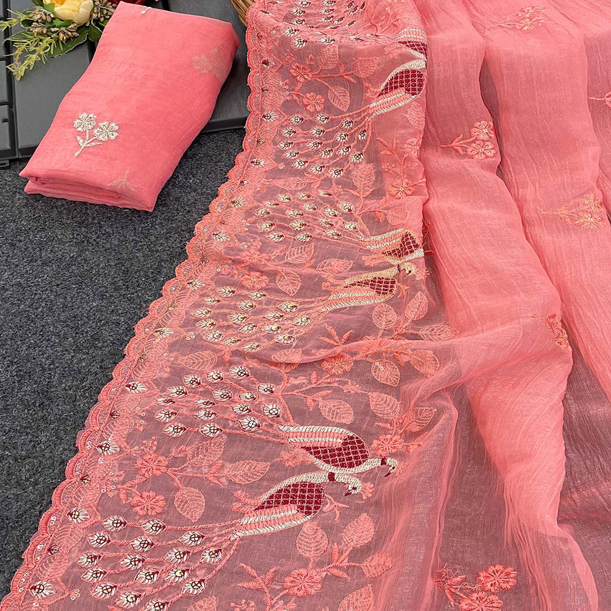 Light Peach Floral Sequins Embroidered Art Silk Crush Saree