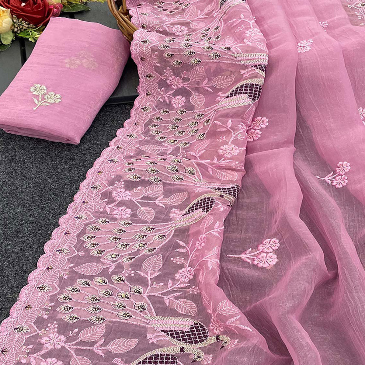 Pink Floral Sequins Embroidered Art Silk Crush Saree